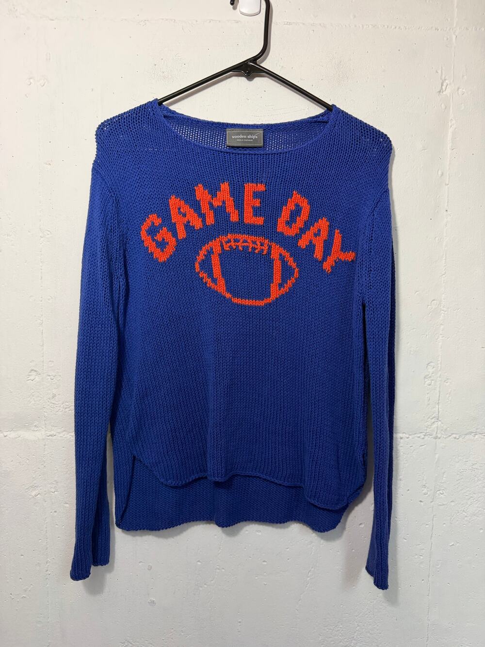 Wooden Ships Womens GAME DAY Orange Blue S/M Knit Sweater Long Sleeve